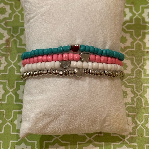 Handmade Jewelry - Pastel Heart Beaded Stretch Bracelet Stack – Teal, Pink & White – 4 Piece Set